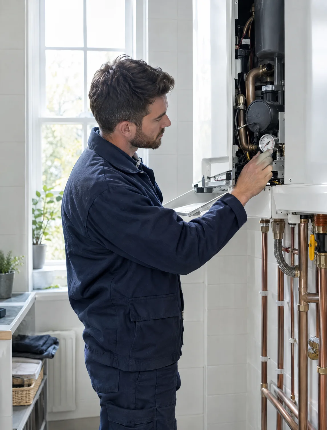 An engineer checking the pressure gauge on a wall-mounted boiler