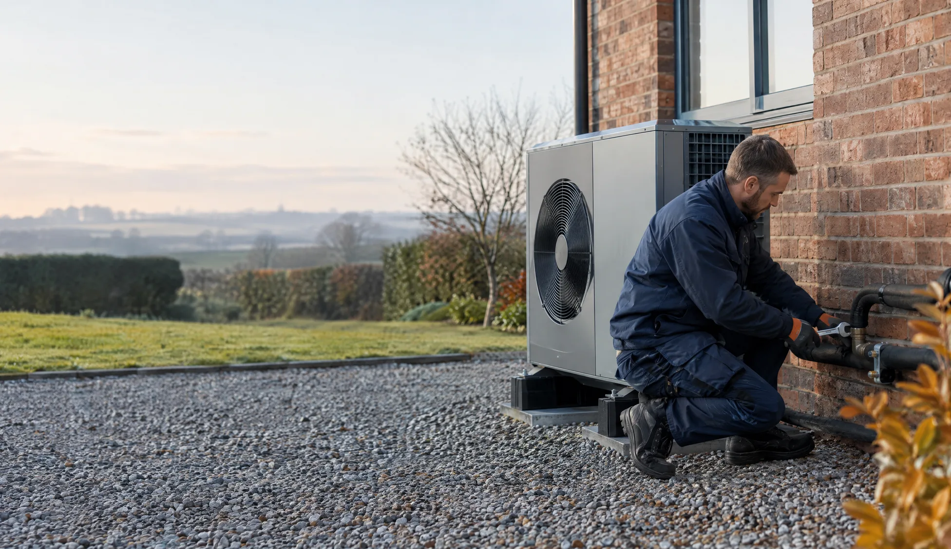 An engineer checking the pipework on an outdoor heat pump beside a house