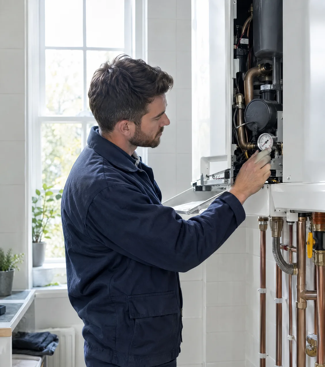 An engineer checking the pressure gauge on a wall-mounted boiler