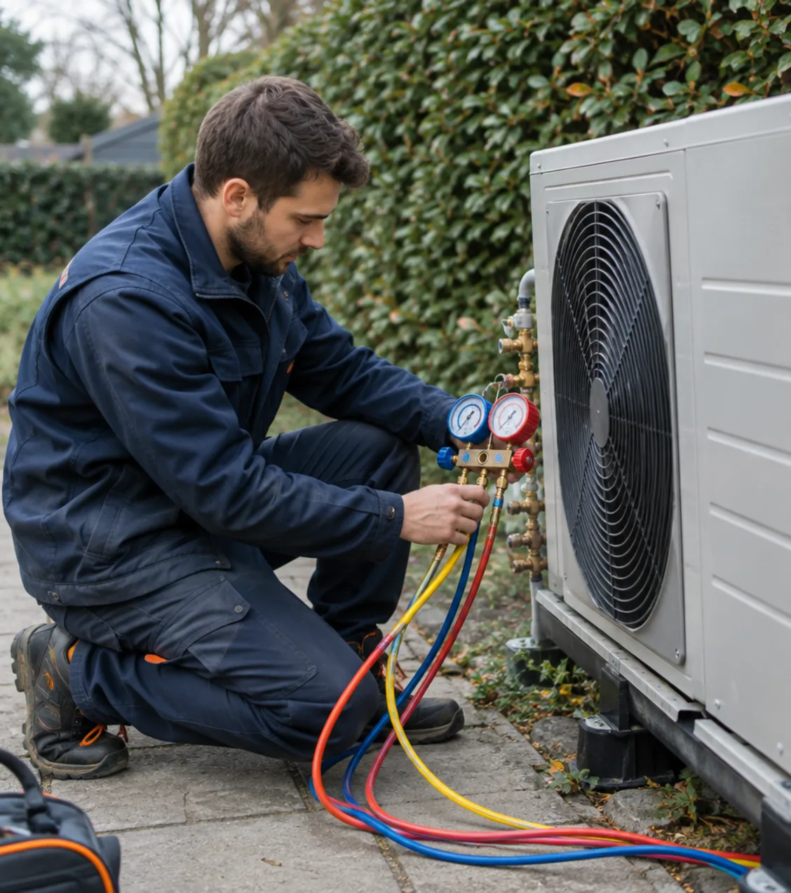 An engineer connecting gauges to an outdoor air-source heat pump