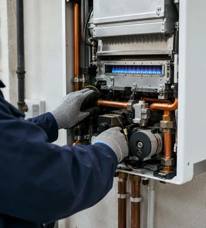 Gloved hands servicing the inside of a wall-mounted boiler