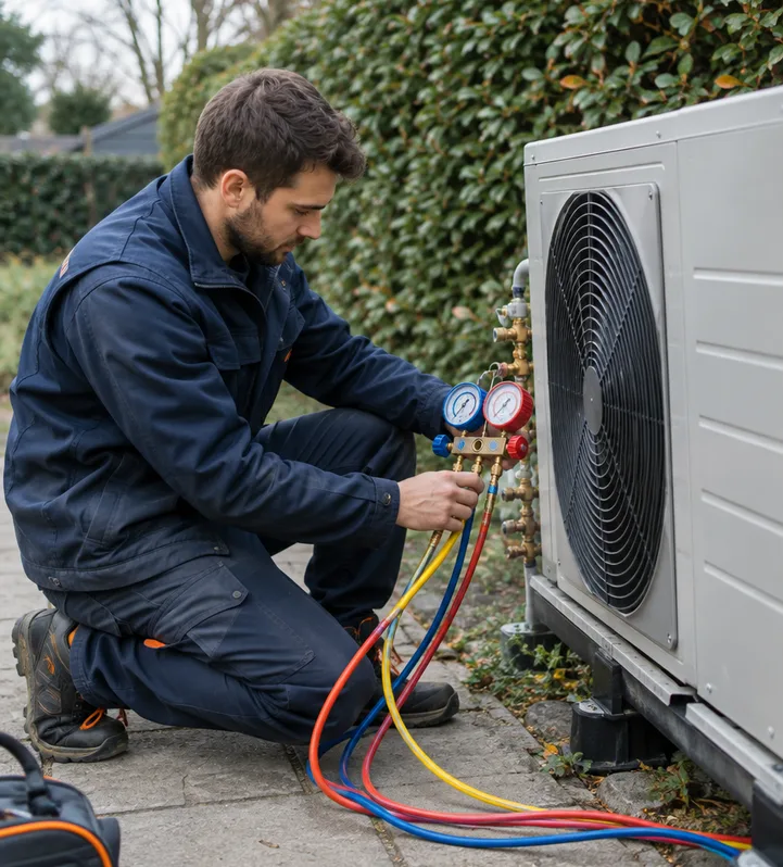 An engineer connecting gauges to an outdoor air-source heat pump