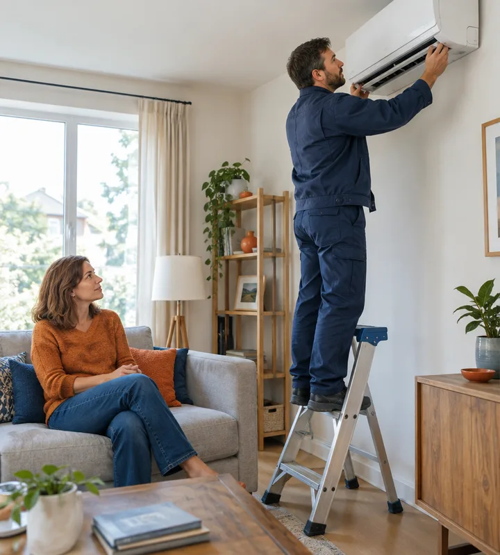 An engineer fitting a wall-mounted air conditioning unit in a living room
